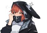 1girl absurdres anger_vein animal_hood arknights black_jacket blush commentary crownslayer_(arknights) hand_up highres hood jacket long_hair mask mouth_mask red_eyes redhead shirt simi_tofu simple_background solo upper_body white_background white_shirt 