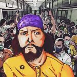  crowd green_eyes long_hair purple_bandana redhead shirt yellow_brooch yellow_shirt 