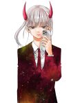  1girl black_suit blunt_bangs brown_eyes cosmos_(tamura_ryuuhei) formal grey_hair highres holding holding_phone homura_rin_(cosmos) horns long_hair long_sleeves looking_at_viewer non-web_source phone red_horns shirt solo suit tamura_ryuuhei twintails upper_body white_background white_shirt 