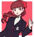  1girl black_jacket blush border buttons commentary do_m_kaeru hair_ribbon jacket long_hair long_sleeves looking_at_viewer open_mouth outside_border persona persona_5 persona_5_the_royal ponytail red_background red_eyes red_ribbon redhead ribbon school_uniform shirt shuujin_academy_school_uniform simple_background smile solo twitter_username white_border white_shirt yoshizawa_kasumi 