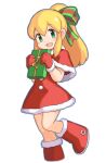  1girl blonde_hair blush box christmas dress full_body fur-trimmed_dress fur_trim gift gift_box green_eyes green_ribbon hair_ribbon long_hair looking_at_viewer mega_man_(classic) mega_man_(series) open_mouth ponytail red_dress red_skirt ribbon roll_(mega_man) santa_dress simple_background skirt smile solo white_background 