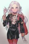  1girl adjusting_hair black_jacket black_shorts cape commentary cowboy_shot edelgard_von_hresvelg fire_emblem fire_emblem:_three_houses garreg_mach_monastery_uniform gloves gold_trim grey_background grey_hair hair_ribbon hand_up highres jacket long_hair long_sleeves looking_at_viewer open_mouth pantyhose purple_ribbon red_cape red_pantyhose ribbon rn_(kicakabe) shorts solo standing symbol-only_commentary violet_eyes white_gloves 