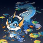  afloat animal_focus blue_eyes bright_pupils closed_mouth fins head_fins highres kashiwa_gnu lily_pad no_humans pokemon pokemon_(creature) ripples scales solo vaporeon water 