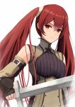  1girl black_gloves bow closed_mouth commentary_request detached_sleeves fire_emblem fire_emblem_awakening gloves hair_between_eyes highres holding holding_sword holding_weapon labebebe_lee long_hair red_bow red_eyes redhead severa_(fire_emblem) simple_background solo sword twintails upper_body weapon white_background 