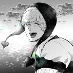  1boy adam&#039;s_apple amane_(yukiango69) blush clouds donquixote_rocinante greyscale hat highres long_sleeves looking_at_viewer male_focus monochrome one_piece open_mouth outdoors short_hair signature solo teeth upper_body water 