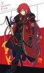  1girl alternate_costume bad_id bad_twitter_id belt black_footwear english_text family_crest fate/grand_order fate_(series) highres jacket katana long_hair long_sleeves looking_at_viewer oda_nobukatsu_(fate) oda_nobunaga_(fate) oda_nobunaga_(maou_avenger)_(fate) oda_uri red_eyes red_jacket redhead shoes solo sword taku_(takuqx) very_long_hair weapon 