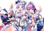  3girls :d anchor arm_up black_hairband blue_bow blue_hair blue_nails blue_skirt bow breasts frilled_skirt frills grey_hair hair_bun hairband hat hololive horns jacket konkito medium_breasts minato_aqua mini_hat multicolored_hair multiple_girls murasaki_shion nail_polish nakiri_ayame oni oni_horns open_clothes open_jacket orange_eyes puffy_short_sleeves puffy_sleeves purple_hair red_eyes redhead shirt short_sleeves simple_background single_side_bun skirt smile streaked_hair tilted_headwear v violet_eyes virtual_youtuber white_background white_headwear white_jacket white_shirt wrist_cuffs 