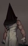  1boy arms_at_sides brown_background cowboy_shot dark_background from_below gloves helmet highres holding male_focus monster_boy muscular muscular_male nanadagger pyramid_head silent_hill_(series) silent_hill_2 simple_background solo sword veins veiny_arms weapon white_gloves 