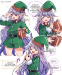  1girl absurdres alternate_costume alternate_ears christmas elf expressions green_shorts grey_hair highres hololive hololive_english keisea koseki_bijou long_hair multicolored_hair multiple_views open_mouth pointy_ears shorts smile violet_eyes virtual_youtuber 