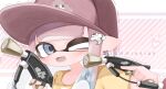  1girl baseball_cap blue_eyes commentary commission dual_wielding gun hat heart highres holding holding_gun holding_weapon inkling inkling_girl one_eye_closed pointy_ears red_headwear ryme_spla shirt splat_dualies_(splatoon) splatoon_(series) splatoon_2 upper_body watermark weapon yellow_shirt 