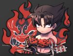  1boy belt character_name closed_mouth collarbone fire gloves grey_background kazama_jin kotorai looking_at_viewer male_focus navel no_nose pectorals red_belt red_eyes red_gloves short_hair signature solo studded_gloves tekken topless_male upper_body v-shaped_eyebrows 