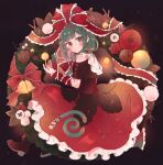  1girl apple arm_ribbon black_background bow christmas commission dress food frilled_bow frilled_dress frilled_ribbon frills front_ponytail fruit full_body green_eyes green_hair highres kagiyama_hina looking_at_viewer mozukuzu_(manukedori) ribbon simple_background skeb_commission solo touhou 