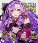  1girl black_gloves chocolate cup dress drill_hair food gloves heart highres hyakumantenbara_salome hyakumantenbara_salome_(1st_costume) kuyuu_(somari) long_hair nijisanji off-shoulder_dress off_shoulder purple_hair red_dress senbei sleeve_cuffs smile solo street_fighter teacup violet_eyes virtual_youtuber zangief 