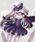  1girl black_gloves breasts dress eye_mask fate/grand_order fate_(series) flower frilled_dress frills gloves grey_hair highres looking_at_viewer m0_chi melusine_(fate) melusine_(second_ascension)_(fate) purple_dress smile solo thigh-highs white_flower white_thighhighs 
