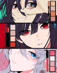  1boy 2girls aqua_eyes black_hair close-up closed_mouth faust_(project_moon) highres hong_lu_(project_moon) limbus_company looking_at_viewer makeup multiple_girls parted_lips project_moon red_eyes ryoshu_(project_moon) short_hair smile white_hair yakumineg1 