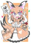  +_+ 1girl absurdres animal_ears blue_eyes bow bowtie caracal_(kemono_friends) cat_ears cat_girl cat_tail elbow_gloves extra_ears gloves highres kemono_friends kemono_friends_v_project long_hair looking_at_viewer microphone orange_background orange_hair ribbon shirt simple_background skirt sleeveless sleeveless_shirt solo tail tolm_ak virtual_youtuber 