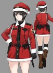  1girl baton_(weapon) black_gloves black_hair black_necktie brown_eyes fuku_(fuku12290574) fur-trimmed_jacket fur_trim gloves grey_background hat highres jacket looking_at_viewer multiple_views necktie original police police_uniform policewoman red_jacket santa_costume santa_hat serious solo uniform weapon 