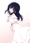  1girl :d absurdres arm_behind_back arm_cutout bare_shoulders black_hair blush breasts dress feet_out_of_frame floating_hair from_side hair_between_eyes hand_on_own_chest highres idoly_pride kagarimi leaning_forward long_dress looking_at_viewer lower_teeth_only medium_breasts nagase_mana off-shoulder_dress off_shoulder one_side_up open_mouth pink_ribbon ribbon sidelocks smile solo teeth violet_eyes waist_ribbon white_dress 