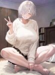  1girl barefoot black_skirt blush book bookshelf bra_strap breasts fur_sweater grin hair_over_one_eye huge_breasts indian_style indoors kurono_mitsuki lens_flare looking_at_viewer miniskirt open_clothes original sitting skirt smile sweater v white_hair white_sweater 