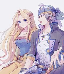  1boy 1girl belt black_jacket blonde_hair blue_eyes blue_skirt breasts celes_chere closed_mouth collarbone commentary_request earrings final_fantasy final_fantasy_vi grey_background grey_hair hair_ornament head_scarf highres jacket jewelry juliet_sleeves large_breasts light_blush locke_cole long_hair long_sleeves looking_at_another necklace open_clothes open_hand open_jacket open_mouth pan_ff6 pants parted_bangs popped_collar print_shirt puffy_sleeves shirt short_hair sidelocks sitting skirt smile very_long_hair white_shirt yellow_eyes yellow_jacket yellow_pants 