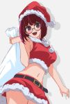  1girl arima_kana blush bob_cut christmas dress glasses grey_background hat inverted_bob kuroudo_(mst06738124mst) merry_christmas navel open_mouth oshi_no_ko red_eyes redhead santa_costume santa_dress santa_hat short_hair simple_background smile solo 