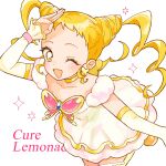  1girl ;d absurdres arm_warmers blonde_hair blush butterfly_brooch character_name choker collarbone cone_hair_bun cowboy_shot cure_lemonade double_bun dress drill_hair earrings hair_bun highres jewelry kasugano_urara_(yes!_precure_5) looking_at_viewer magical_girl medium_hair one_eye_closed open_mouth petticoat precure short_dress simple_background smile solo standing standing_on_one_leg thigh-highs twin_drills white_background white_dress yamanaka_hituzi yellow_choker yellow_eyes yellow_thighhighs yes!_precure_5 
