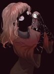  1girl artist_name black_background brown_robe closed_mouth doll english_commentary fear_&amp;_hunger grey_eyes highres holding holding_doll liar_leth long_hair looking_at_viewer multiple_scars orange_hair robe scar simple_background solo the_girl_(fear_&amp;_hunger) upper_body 