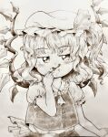  1girl :q ascot back_bow bow busujima_tetoro buttons crystal flandre_scarlet frilled_shirt_collar frills greyscale hat highres medium_hair mob_cap monochrome puffy_short_sleeves puffy_sleeves shirt short_sleeves simple_background solo tongue tongue_out touhou traditional_media upper_body vest wings 