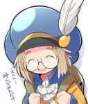  1boy ascot blue_headwear blush brown_bag brown_hair closed_eyes dragon_quest dragon_quest_monsters_3 hat hat_feather healslime highres jacket male_focus open_mouth orange_jacket personification rascal_(feuille) round_eyewear short_hair translation_request upper_body white_ascot white_background 