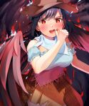  1girl ari_don bandana black_hair black_wings blood blood_on_face brown_headwear brown_skirt cowboy_hat feathered_wings hat highres kurokoma_saki off-shoulder_shirt off_shoulder open_mouth red_eyes shirt skirt solo touhou white_bandana wings wiping_blood wiping_face 