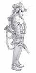  1girl absurdres alma01 ammunition_belt ar-15 backpack bag belt gloves gun headset helmet highres jacket looking_down original plate_carrier rifle shoes short_hair simple_background sneakers solo suppressor weapon white_background 