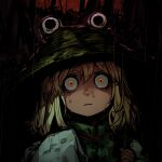  1girl :| @_@ absurdres blonde_hair closed_mouth commentary_request creepy expressionless gensokyo glowing glowing_eyes green_vest hat highres horror_(theme) ill-ma long_hair long_sleeves looking_at_viewer moriya_suwako orange_eyes portrait rain red_background ribbon solo touhou vest wet 