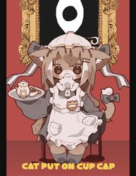  1girl :3 absurdres animal_ear_fluff animal_ears apron black_bow black_dress black_footwear blue_background body_fur bow brown_eyes brown_fur brown_hair cat_ears cat_girl cat_tail closed_mouth collared_dress dress english_text eyeball frilled_apron frills full_body furry furry_female hair_bow hand_up highres long_hair long_sleeves looking_at_viewer maid maid_apron multicolored_hair neck_fur nikamoka no_pupils original picture_frame pillarboxed puffy_long_sleeves puffy_sleeves short_eyebrows solo standing streaked_hair tail tail_bow tail_ornament very_long_hair white_apron 