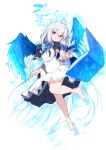  1girl aqua_eyes barefoot blue_bow blue_wings blush book bow e-note hair_bow hair_ornament highres long_hair looking_at_viewer low_twintails magic original simple_background solo twintails white_background white_hair wings 