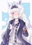  ahoge alternate_costume animal_ears black_coat black_hairband coat cross-shaped_pupils grey_eyes grey_hair grey_scarf hair_intakes hairband high_collar highres long_hair long_sleeves mechanical_ears mismatched_pupils misoso_25 no.21:_feral_scent_(punishing:_gray_raven) no.21_(punishing:_gray_raven) parted_lips punishing:_gray_raven ribbon scarf shirt sidelocks striped striped_scarf symbol-shaped_pupils very_long_hair white_ribbon white_shirt wolf_ears 