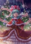  1girl absurdres arm_ribbon aurora blunt_bangs blurry blurry_background bow capelet christmas christmas_tree dress frilled_ribbon frills front_ponytail green_eyes green_hair hair_bow hair_ribbon highres kagiyama_hina knight koufukutei_yumeko red_bow red_capelet red_dress red_ribbon ribbon santa_costume smile snow solo touhou winter 