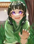  +_+ 1girl blunt_bangs blush chinese_clothes dirty dirty_clothes drooling excited grass green_hair hanfu highres kusuriya_no_hitorigoto maomao_(kusuriya_no_hitorigoto) mouth_drool multi-tied_hair open_mouth reaching solo soy_latte sparkling_eyes tree violet_eyes 