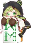  1girl :3 black_footwear black_hoodie black_thighhighs blush brown_mittens chibi commentary_request full_body fur-trimmed_mittens fur_trim green_eyes green_hair hinokuma_ran hood hood_up hoodie long_hair mahjong mahjong_tile medium_bangs mittens nanashi_inc. open_mouth reona_kfc02 second-party_source smile solo thigh-highs transparent_background virtual_youtuber zouri 