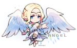  1girl angel angel_(tekken) angel_wings barefoot belt blonde_hair blue_eyes braid chibi circlet closed_mouth eyelashes full_body kotorai looking_to_the_side no_nose pants robe smile solo tekken white_background white_pants white_robe wings 