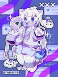  1girl :3 absurdres animal_ears animal_feet animal_hands barefoot blue_background blue_eyes blue_gemstone blue_hair blue_shorts body_fur cat cat_ears cat_girl colored_inner_hair creature full_body furry furry_female gem grid_background hair_ornament hairpin hand_up highres jacket long_hair looking_at_viewer multicolored_background multicolored_eyes multicolored_hair neon_palette nikamoka open_mouth original purple_background purple_jacket shorts slit_pupils solo sparkle standing violet_eyes white_fur white_hair window_(computing) 