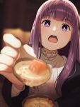  1girl black_coat blurry bowl coat commentary depth_of_field dress fern_(sousou_no_frieren) food frills highres holding holding_bowl incoming_food long_hair looking_at_viewer open_mouth pov purple_hair shoga_0226 sidelocks solo soup sousou_no_frieren spoon teeth upper_teeth_only very_long_hair violet_eyes white_dress wooden_bowl wooden_spoon 