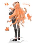  1girl black_jacket black_pants bow brown_hairband crossed_arms facing_away full_body hair_bow hairband ishmael_(project_moon) jacket limbus_company long_hair octopus orange_hair pants project_moon rope schtiglez simple_background solo squid tentacle_hair umbrella_octopus very_long_hair white_background white_bow 