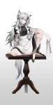  1girl absurdres alternate_costume animal_ears arknights black_dress closed_mouth dress enmaided full_body gold_footwear grey_eyes grey_hair hair_ornament hashtag_only_commentary high_heels highres holding holding_cloth holding_tray knee_up lappland_(arknights) looking_at_viewer maid maid_headdress messy_hair puffy_short_sleeves puffy_sleeves short_sleeves simple_background sitting sitting_on_table skirt_hold solo standing suyi-j tray white_background white_headdress white_headwear wolf_ears wolf_girl 