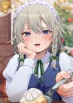  1girl ari_don blue_eyes blue_vest bow braid christmas christmas_ornaments christmas_tree feeding fork green_bow grey_hair hairband highres incoming_food izayoi_sakuya long_sleeves maid_headdress open_mouth pov shirt side_braids smile touhou vest white_shirt 