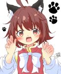  1girl absurdres ahoge animal_ear_fluff animal_ears blush brown_eyes brown_hair cat_ears chen commentary_request dated gold_trim hands_up happy highres long_sleeves looking_at_viewer no_headwear open_mouth paw_print puffy_long_sleeves puffy_sleeves red_vest signature simple_background solo touhou upper_body vest white_background yaminabe_(honnouji_no_kaninabe) 