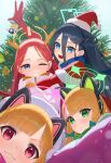  &lt;key&gt;_(robot)_(blue_archive) 4girls absurdly_long_hair animal_ear_headphones animal_ears antlers aris_(blue_archive) black_hair black_hairband blonde_hair blue_archive blue_bow blue_eyes blue_halo blush bow christmas christmas_tree closed_mouth fake_animal_ears game_development_department_(blue_archive) gloves glow_(user_hnpv7785) green_eyes green_halo grin hair_bow hairband halo hat headphones highres jacket long_hair long_sleeves midori_(blue_archive) momoi_(blue_archive) multiple_girls one_eye_closed one_side_up open_mouth pink_halo red_eyes red_gloves red_headwear redhead reindeer_antlers santa_hat short_hair siblings sisters smile twins very_long_hair white_jacket yellow_halo yuzu_(blue_archive) 