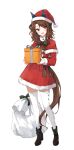  1girl alternate_costume animal_ears brown_hair capelet christmas dress ears_through_headwear full_body fur-trimmed_capelet fur-trimmed_dress fur_trim gift hat holding holding_gift horse_ears horse_girl horse_tail king_halo_(umamusume) long_hair long_sleeves ninjin_nouka open_mouth red_eyes sack santa_costume santa_hat shoes solo tail thigh-highs umamusume white_thighhighs 