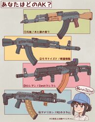  1girl ? ak-103 akm assault_rifle baseball_cap black_eyes black_hair blue_headwear bocchi-ya-nawi closed_mouth collared_shirt commentary cropped_torso dot_nose dress_shirt flashlight folding_stock foregrip grey_eyes gun hair_between_eyes hat highres kalashnikov_rifle looking_up multicolored_background optical_sight original rifle shirt sidelocks smile solo translation_request upper_body vertical_foregrip weapon weapon_family weapon_focus weapon_name white_shirt yellow_background 