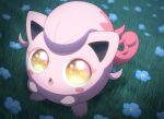  :o animal_focus blue_flower colored_skin commentary_request fang flower from_above highres monaka_(hc_pkmn) no_humans on_grass open_mouth pink_skin pokemon pokemon_(creature) scream_tail solo yellow_eyes 