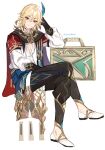  1boy black_pants blonde_hair blue_sash cape closed_mouth commentary crossed_legs earrings eyelashes feather_hair_ornament feathers full_body genshin_impact gold_trim hair_between_eyes hair_ornament hand_up head_rest highres invisible_chair jewelry kaveh_(genshin_impact) long_hair long_sleeves looking_at_viewer male_focus miz_003 necklace pants red_cape red_eyes sash shirt shoes sidelocks simple_background sitting smile solo suitcase tassel white_background white_footwear white_shirt 
